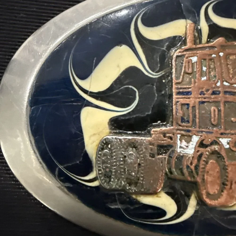 Semi Truck Trucker Driver Vintage Oval Belt Buckle White & Blue Enamel